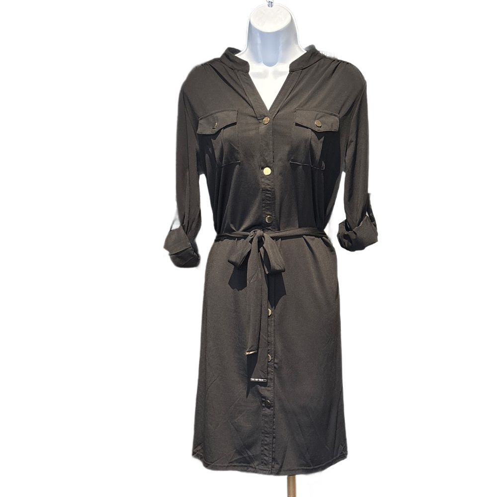 Elegant Long Sleeve Black Shirt Dress - Picture 3 of 7